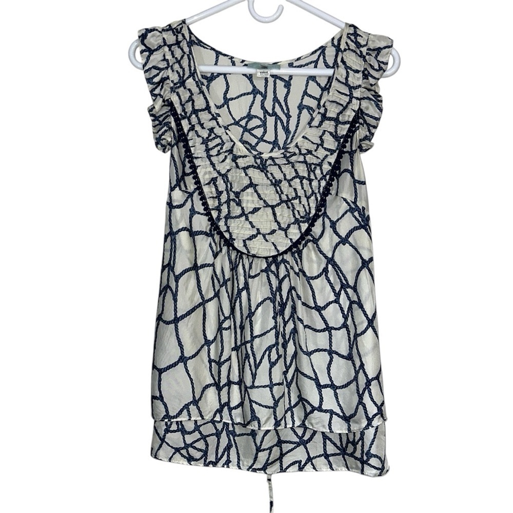 Anthropologie Lil Blue And White Nauticall Print Silk Tie Back Top